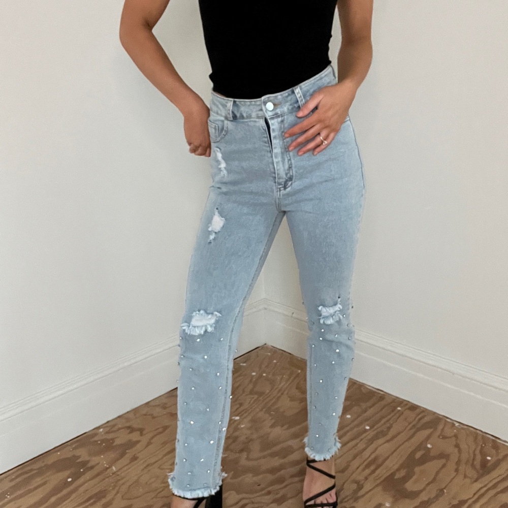 Rhinestone High Rise Distressed Jeans